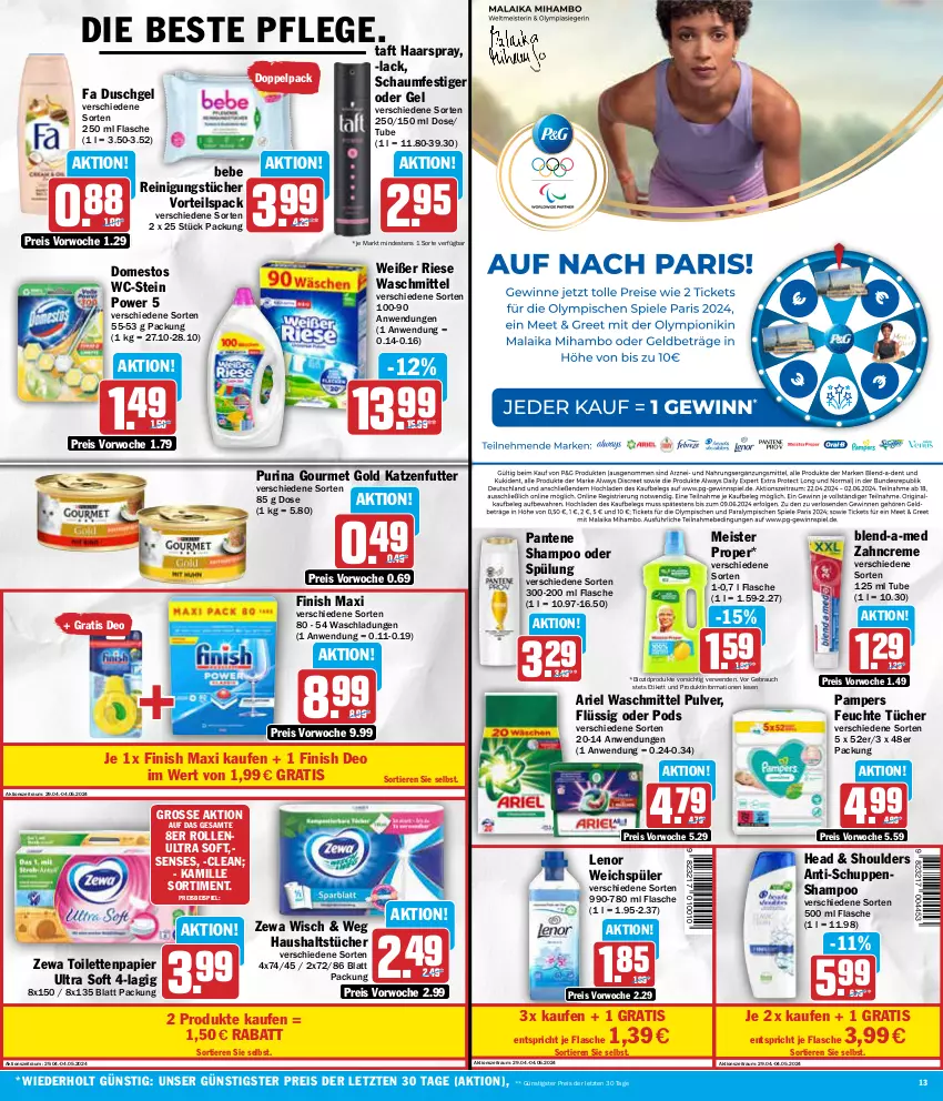 Aktueller Prospekt Aez - Prospekte - von 29.04 bis 04.05.2024 - strona 13 - produkty: ariel, ariel waschmittel, Bebe, bio, biozidprodukte, blend-a-med, creme, deo, domestos, duschgel, eis, fa duschgel, feuchte tücher, Finish, flasche, gourmet gold, haarspray, haushaltstücher, Kamill, kamille, katzenfutter, lack, lenor, lenor weichspüler, Meister, meister proper, pampers, pantene, papier, Pods, purina, Rauch, Reinigung, reinigungstücher, reis, rwe, schaumfestiger, shampoo, shampoo oder spülung, spülung, Taft, Ti, Tiere, toilettenpapier, tücher, waschmittel, weichspüler, zahncreme, zewa, ZTE