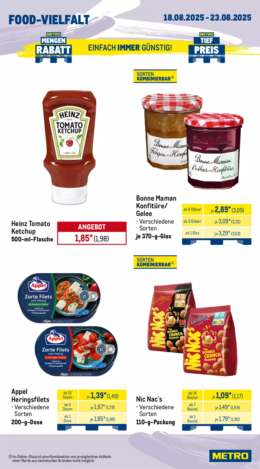 Aktueller Prospekt Metro - Wochen-Angebote - von 18.08 bis 23.08.2025 - strona 11 - produkty: angebot, apfel, baguette, baguettes, Berger, beutel, bonne maman, eis, filet, filets, flasche, gelee, Gläser, heinz, hering, Herings, heringsfilets, ketchup, konfitüre, mam, meggle, nürnberger, reis, ring, Ti, tiefpreis, tomato ketchup, Törtchen, wurst