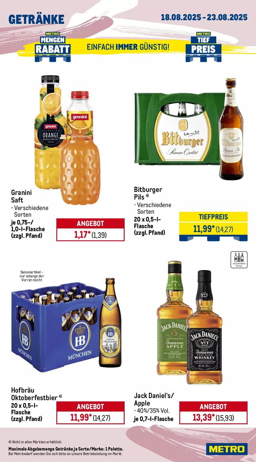 Aktueller Prospekt Metro - Wochen-Angebote - von 18.08 bis 23.08.2025 - strona 13 - produkty: angebot, Apple, bier, bitburger, bitburger pils, bohne, bohnen, burger, caffè crema, coca-cola, cola, eis, flasche, getränk, getränke, granini, jack daniel, jacobs, jacobs krönung, lavazza, Metro, Palette, pils, reis, ritter, ritter sport, saft, Sport, Ti, tiefpreis