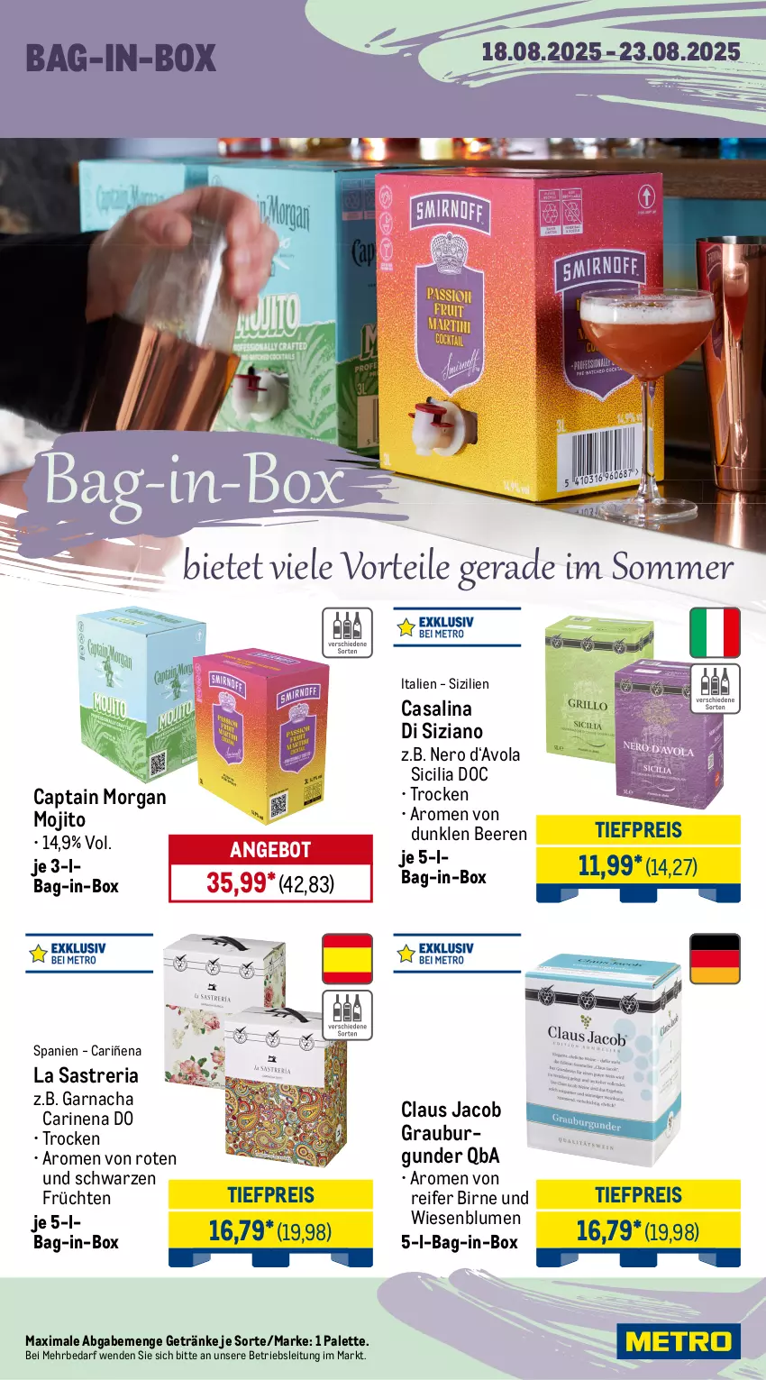 Aktueller Prospekt Metro - Wochen-Angebote - von 18.08 bis 23.08.2025 - strona 14 - produkty: amaro, angebot, bag-in-box, beere, beeren, blume, blumen, burgunder, cabernet, Cap, captain morgan, Casali, chardonnay, eis, entrecôte, flasche, frucht, früchte, früchten, getränk, getränke, grauburgunder, Holz, maybach, merl, merlot, mojito, mousse, nero, Palette, pfirsich, preisvorteil, primitivo, reis, Ria, ring, roséwein, sim, Ti, tiefpreis, wein