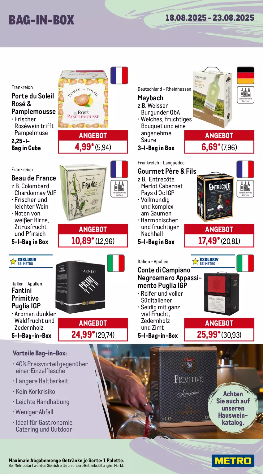 Aktueller Prospekt Metro - Wochen-Angebote - von 18.08 bis 23.08.2025 - strona 15 - produkty: amaro, angebot, bag-in-box, beere, beeren, blume, blumen, burgunder, cabernet, Cap, captain morgan, Casali, chardonnay, eis, entrecôte, flasche, frucht, früchte, früchten, getränk, getränke, grauburgunder, Holz, maybach, merl, merlot, mojito, mousse, nero, Palette, pfirsich, preisvorteil, primitivo, reis, Ria, ring, roséwein, sim, Ti, tiefpreis, wein