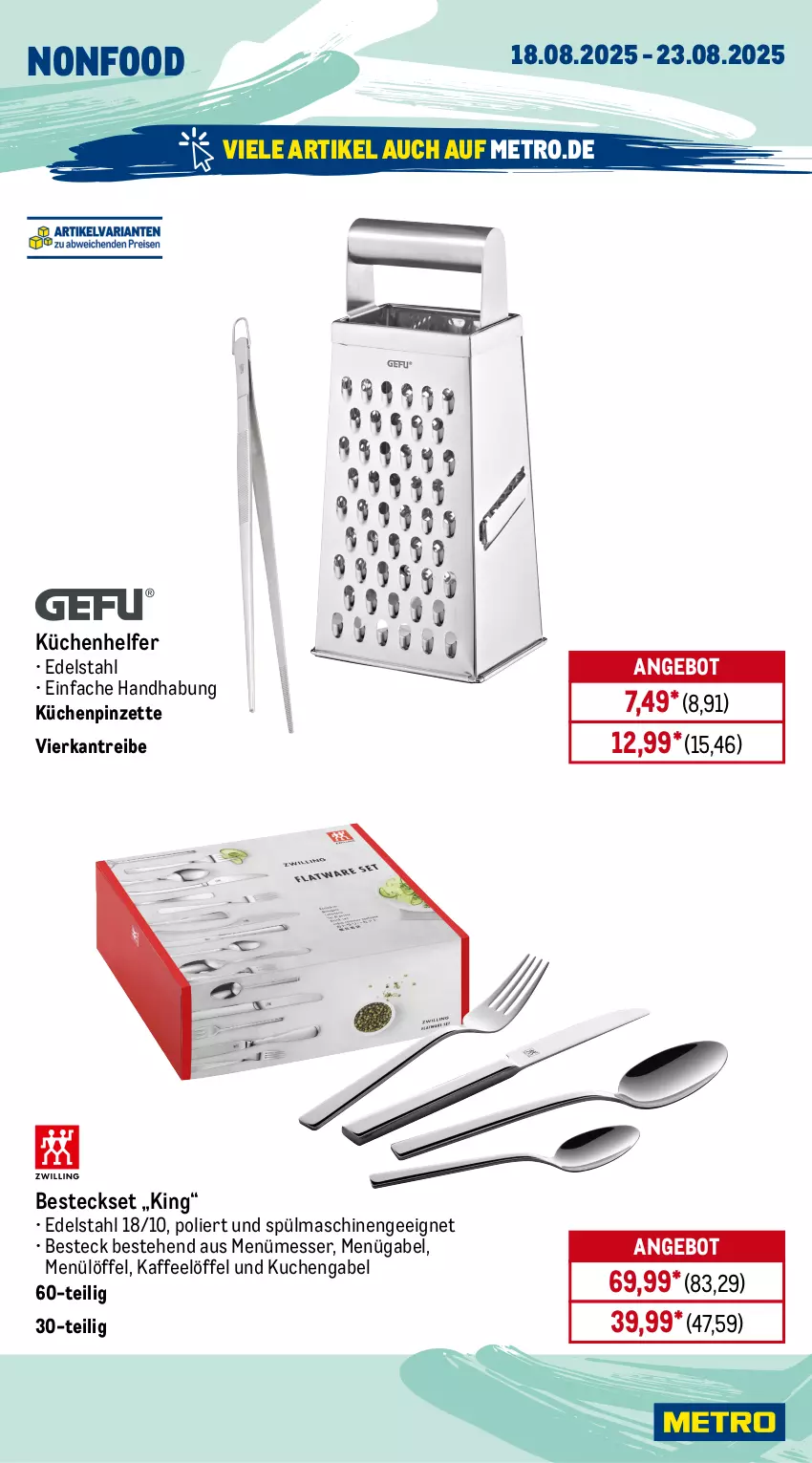 Aktueller Prospekt Metro - Wochen-Angebote - von 18.08 bis 23.08.2025 - strona 22 - produkty: angebot, besteck, besteckset, Brei, edelstahl, elle, fernseher, gabel, kaffee, küche, Küchen, kuchen, Küchenhelfer, LG, Löffel, messer, Metro, office, ordner, Pinzette, spülmaschinen, teller, Ti, uhd