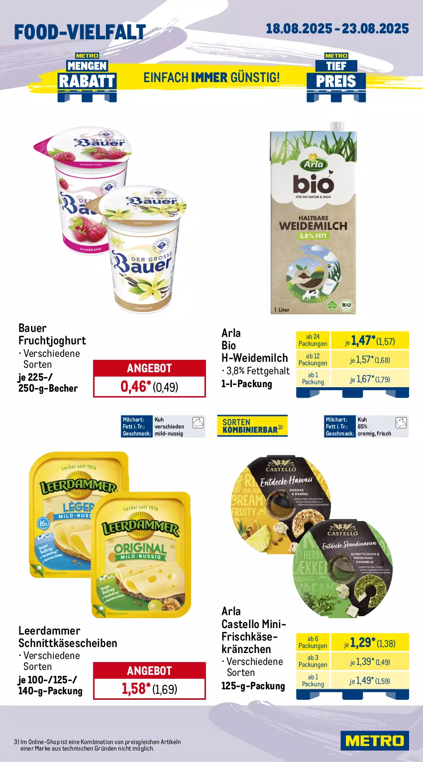 Aktueller Prospekt Metro - Wochen-Angebote - von 18.08 bis 23.08.2025 - strona 9 - produkty: angebot, arla, auer, Bau, Bauer, Becher, bio, brie, eis, eisbergsalat, frischkäse, frucht, fruchtjoghurt, joghur, joghurt, Käse, käsescheiben, leerdammer, mac, milch, möhren, nuss, obst, reis, rispentomaten, salat, schnittkäse, schnittkäsescheiben, Ti, tomate, tomaten, weidemilch