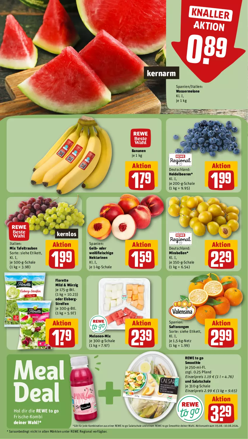 Aktueller Prospekt Rewe - Prospekte - von 05.08 bis 10.08.2024 - strona 10 - produkty: banane, bananen, beere, beeren, eis, elle, fleisch, florette, heidelbeere, heidelbeeren, melone, melonen, Nektar, nektarinen, orange, orangen, reifen, reis, saft, Saftorangen, salat, Schal, Schale, smoothie, tafeltrauben, Ti, trauben, wasser, wassermelone