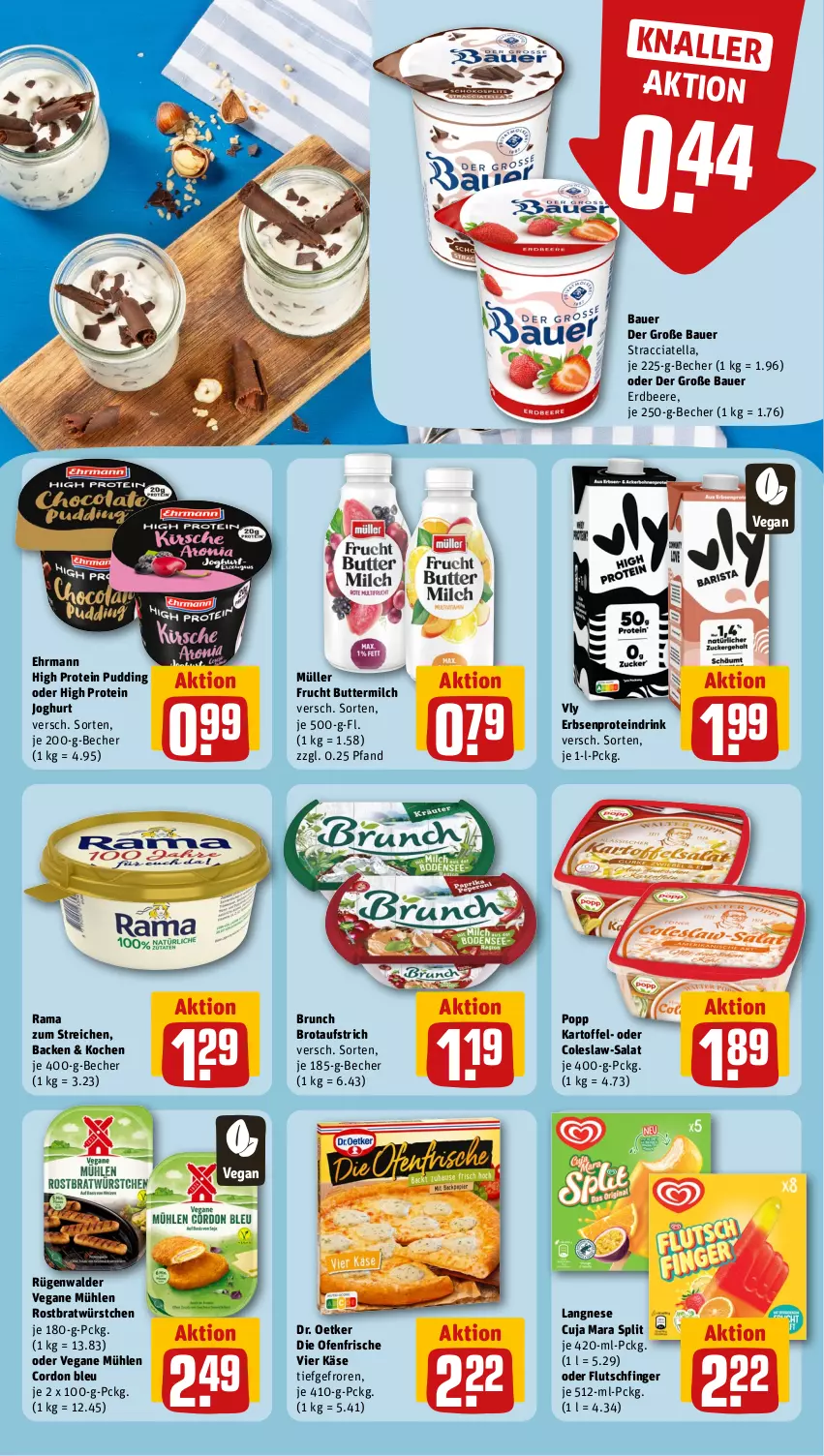 Aktueller Prospekt Rewe - Prospekte - von 05.08 bis 10.08.2024 - strona 14 - produkty: ACC, auer, aufstrich, Bau, Bauer, Becher, beere, brot, brotaufstrich, butter, buttermilch, Coleslaw, cordon bleu, die ofenfrische, Dr. Oetker, drink, ehrmann, erbsen, erdbeere, frucht, joghur, joghurt, kartoffel, Käse, langnese, milch, Müller, Ofen, Popp, Proteindrink, pudding, rama, rügenwalder, salat, Ti, würstchen