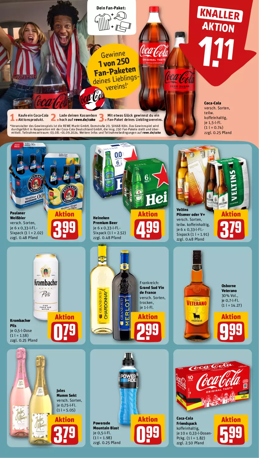 Aktueller Prospekt Rewe - Prospekte - von 05.08 bis 10.08.2024 - strona 15 - produkty: bier, coca-cola, cola, gewinnspiel, grand sud, heineken, jules mumm, krombache, krombacher, krombacher pils, mumm, osborne, Paula, paulaner, pils, pilsener, sekt, Ti, veltins, veltins pilsener, veterano, vin de france