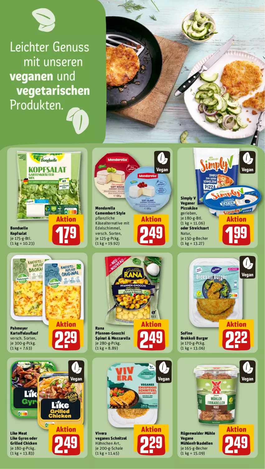 Aktueller Prospekt Rewe - Prospekte - von 05.08 bis 10.08.2024 - strona 17 - produkty: Becher, bonduelle, brokkoli, burger, camembert, dell, elle, frikadellen, gnocchi, grill, gyros, kartoffel, Käse, kopfsalat, Like Meat, mozzarella, natur, nuss, pfanne, pfannen, pizza, Rana, rel, rügenwalder, rügenwalder mühle, salat, Schal, Schale, schnitzel, sim, spinat, Streichzart, Ti, Vegeta