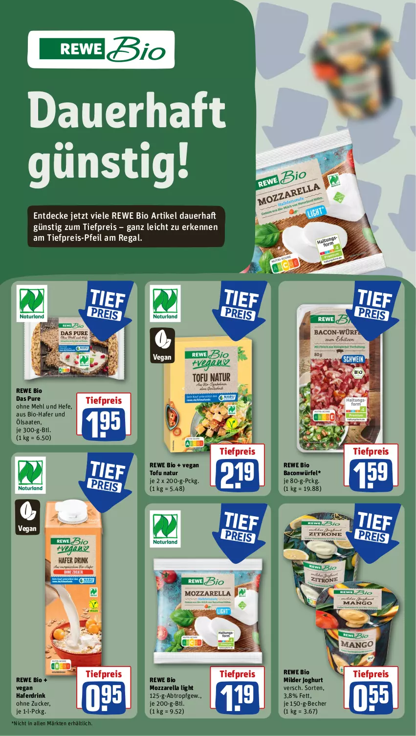 Aktueller Prospekt Rewe - Prospekte - von 05.08 bis 10.08.2024 - strona 18 - produkty: auer, bacon, Becher, bio, decke, drink, eis, hafer, Haferdrink, Hefe, joghur, joghurt, mehl, mozzarella, natur, regal, reis, rel, rewe bio, Ti, tiefpreis, Tofu, würfel, zucker