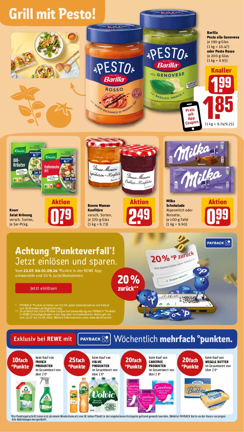 Aktueller Prospekt Rewe - Prospekte - von 05.08 bis 10.08.2024 - strona 20 - produkty: alpenmilch, angebot, angebote, barilla, beko, bonne maman, butter, carefree, coupon, eis, erde, Frosch, genovese, grill, knorr, konfitüre, mac, mam, meggle, milch, milka, milka schokolade, payback, pesto, reis, salat, schoko, schokolade, Ti, volvic