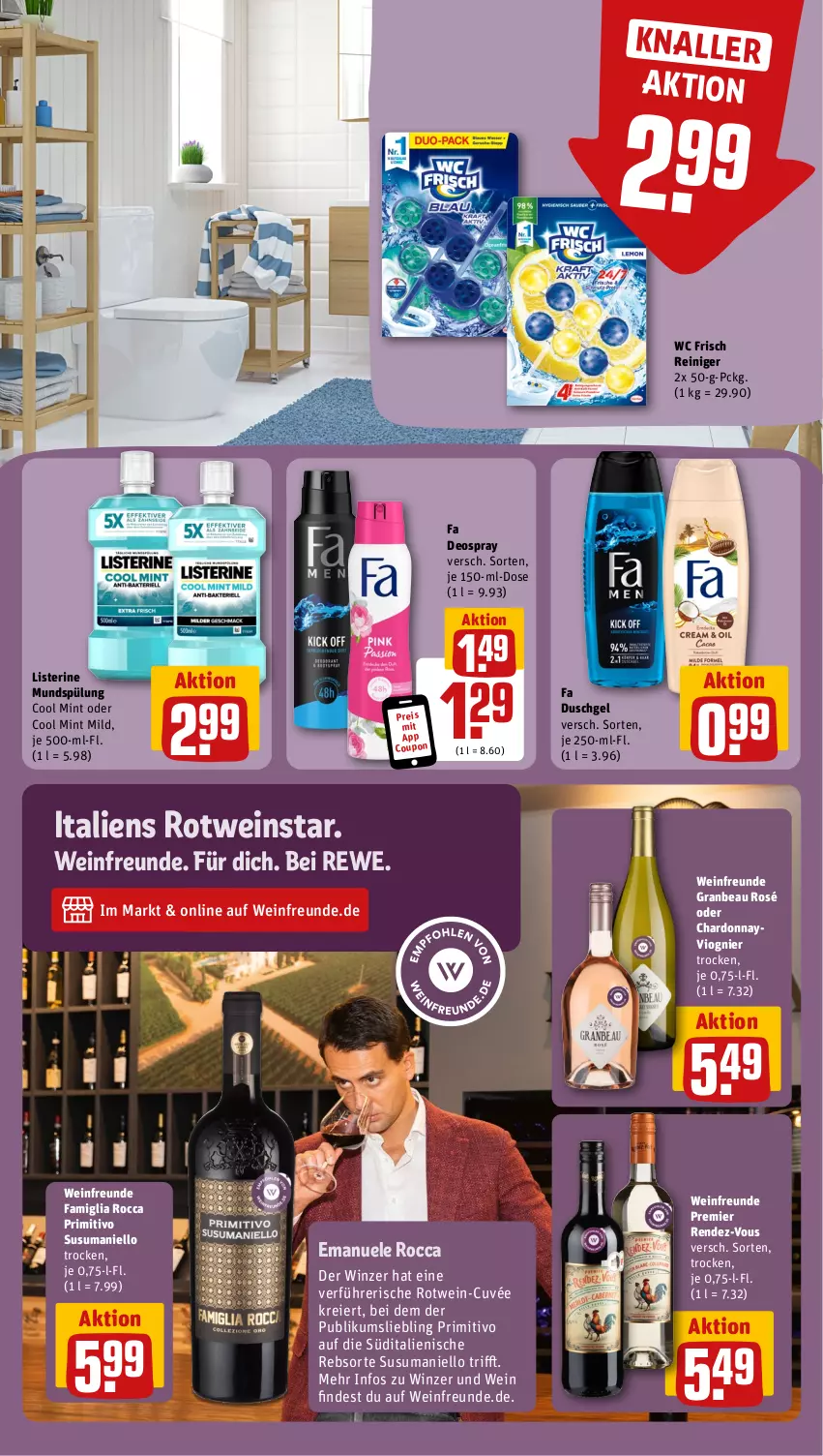 Aktueller Prospekt Rewe - Prospekte - von 05.08 bis 10.08.2024 - strona 22 - produkty: chardonnay, coupon, cuvée, deo, deospray, duschgel, eier, eis, fa duschgel, listerine, mint, mundspülung, primitivo, reiniger, reis, rotwein, spülung, Ti, wc frisch, wein