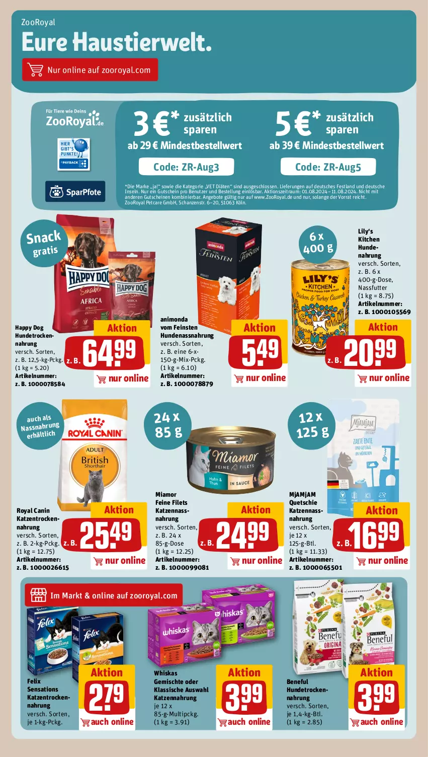 Aktueller Prospekt Rewe - Prospekte - von 05.08 bis 10.08.2024 - strona 23 - produkty: angebot, angebote, aust, felix, filet, filets, gutschein, gutscheine, hundenahrung, Hundetrockennahrung, katzennahrung, nassfutter, Nassnahrung, rwe, sensations, snack, Stier, Ti, Trockennahrung, whiskas