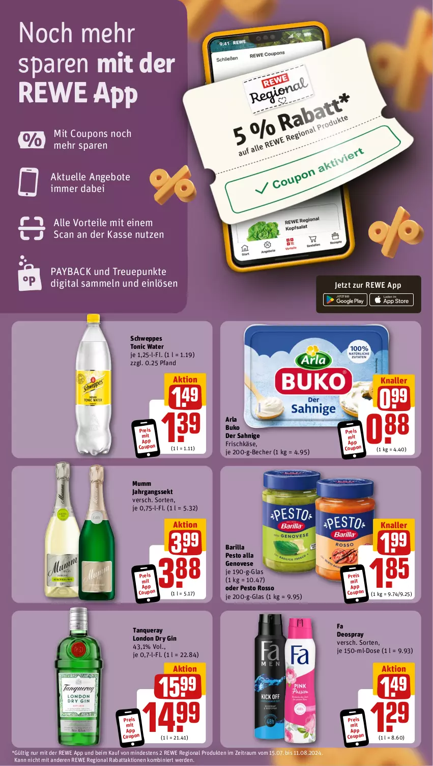 Aktueller Prospekt Rewe - Prospekte - von 05.08 bis 10.08.2024 - strona 3 - produkty: angebot, angebote, arla, arla buko, barilla, Becher, Buko, coupon, coupons, deo, deospray, dry gin, eis, elle, erde, frischkäse, genovese, gin, jahrgangssekt, Käse, london dry, london dry gin, mumm, payback, pesto, reis, schweppes, sekt, Tanqueray, Ti, tonic, tonic water