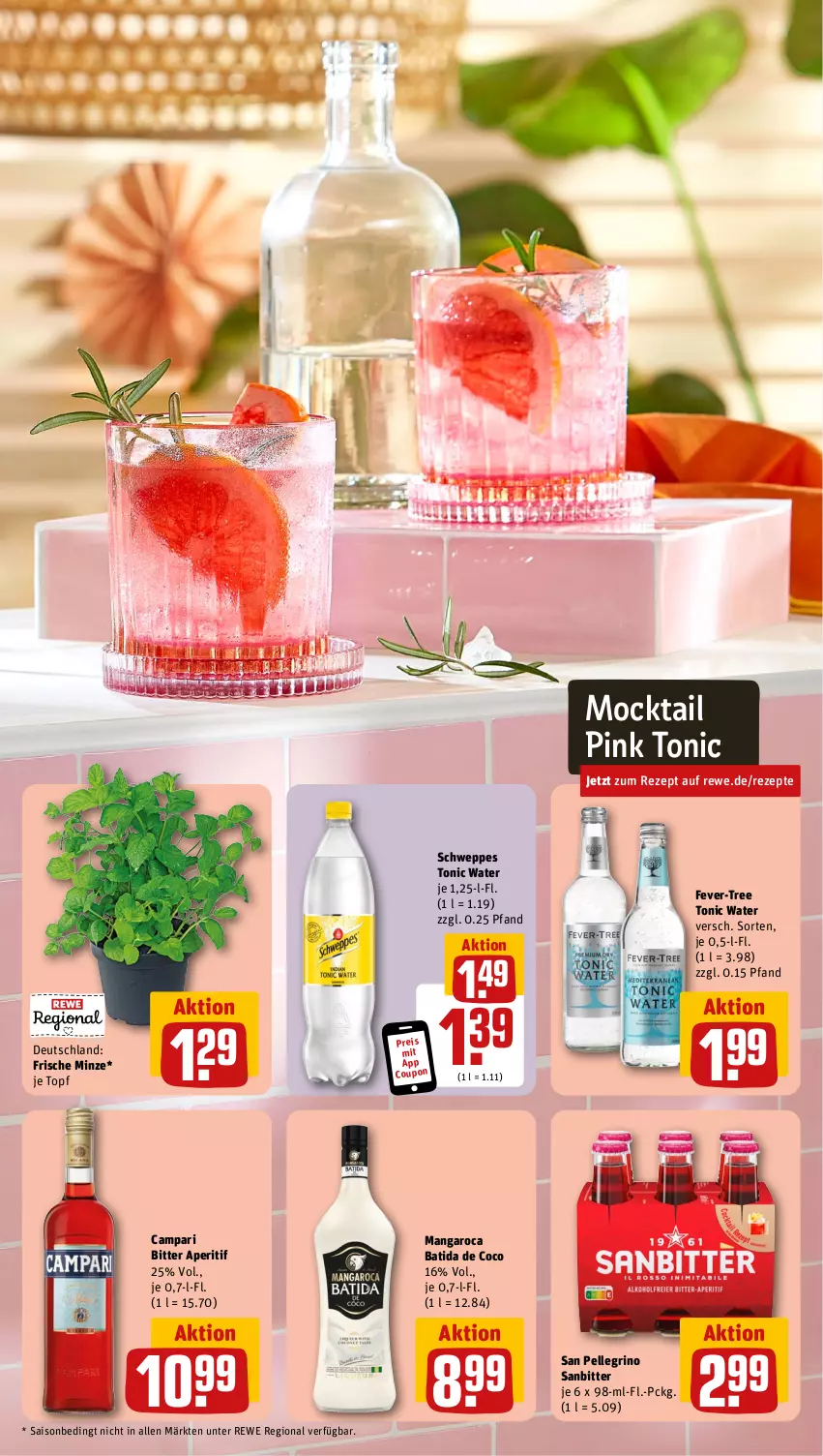 Aktueller Prospekt Rewe - Prospekte - von 05.08 bis 10.08.2024 - strona 5 - produkty: aperitif, batida, campari, coupon, eis, elle, fever-tree, mangaroca, minze, reis, rezept, rezepte, san pellegrino, schweppes, Ti, tonic, tonic water, topf