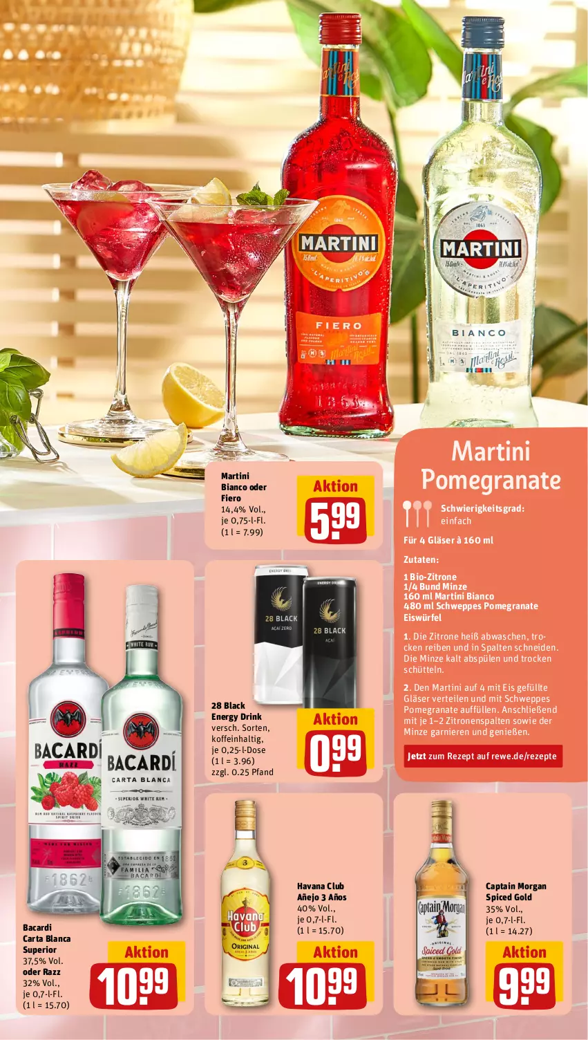 Aktueller Prospekt Rewe - Prospekte - von 05.08 bis 10.08.2024 - strona 7 - produkty: bacardi, bio, Cap, captain morgan, drink, eis, eiswürfel, energy drink, garnier, Gläser, grana, Havana Club, lack, martini, minze, Rana, rezept, rezepte, schweppes, Spülen, Ti, würfel, zitrone, zitronen