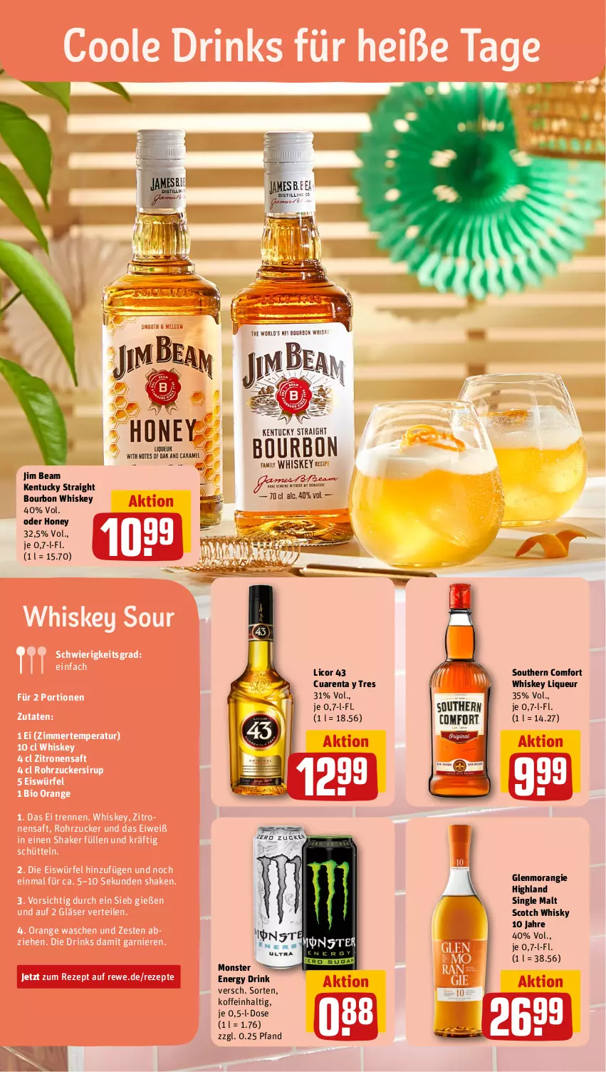 Aktueller Prospekt Rewe - Prospekte - von 05.08 bis 10.08.2024 - strona 8 - produkty: bio, bourbon, bourbon whiskey, drink, drinks, eis, eiswürfel, energy drink, garnier, Gläser, jim beam, kentucky straight, licor, licor 43, liqueur, monster, Monster Energy, orange, rezept, rezepte, rohrzucker, saft, scotch, scotch whisky, shake, single malt, sirup, Southern Comfort, Ti, tuc, whiskey, whisky, würfel, zitrone, zitronen, zitronensaft, zucker