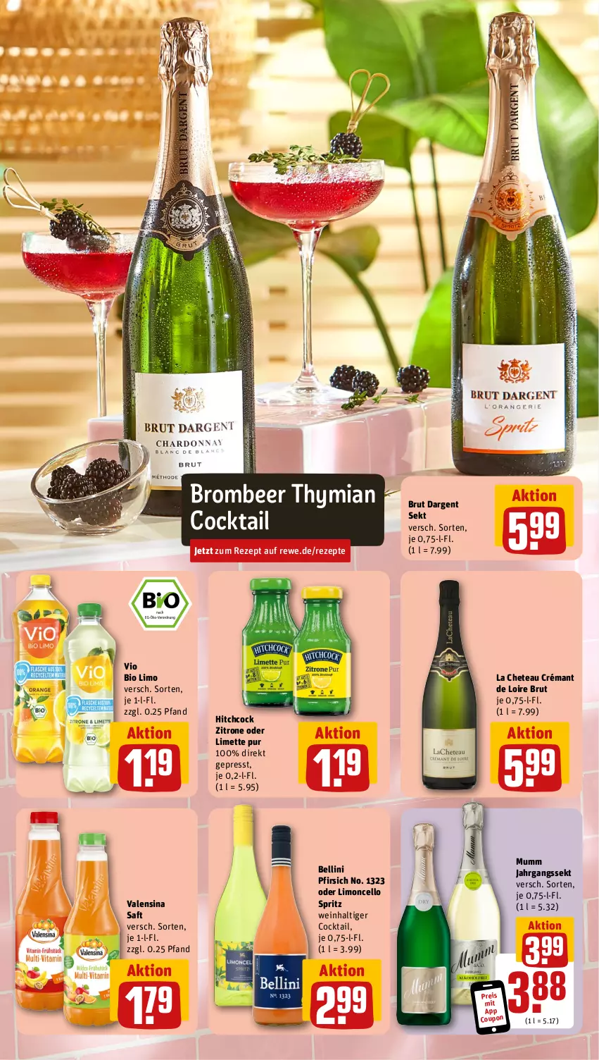 Aktueller Prospekt Rewe - Prospekte - von 05.08 bis 10.08.2024 - strona 9 - produkty: bio, bio limo, brut, brut dargent, cocktail, coupon, crémant de loire, eis, jahrgangssekt, limette, limo, Mett, mumm, pfirsich, reis, rezept, rezepte, saft, sekt, Ti, valensina, vio bio limo, wein, zitrone