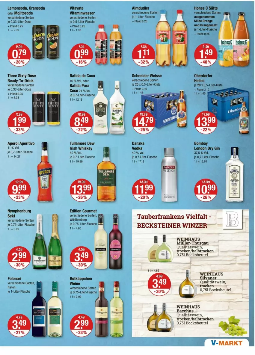 Aktueller Prospekt Vmarkt - Prospekte - von 06.06 bis 12.06.2024 - strona 9 - produkty: ACC, almdudler, aperol, batida, becks, becksteiner, beutel, drink, dry gin, eimer, eis, elle, flasche, gin, irish whiskey, je 1-liter-flasche, london dry, london dry gin, mojito, Müller, Müller-Thurgau, qualitätswein, rotkäppchen, sekt, silvaner, Soda, steiner, Three Sixty, Ti, tullamore, tullamore dew, vita, vodka, wasser, wein, weine, whiskey