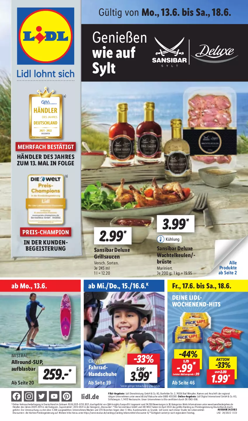 Aktueller Prospekt Lidl - Aktionsprospekt - von 13.06 bis 18.06.2022 - strona 1 - produkty: aktionspreis, angebot, angebote, Bad, bio, champion, crivit, discount, eier, eis, erde, Fahrrad, grill, grillsauce, handschuhe, lebensmittel, LG, Liege, pril, Rauch, reis, sauce, saucen, schuhe, Ti, ZTE