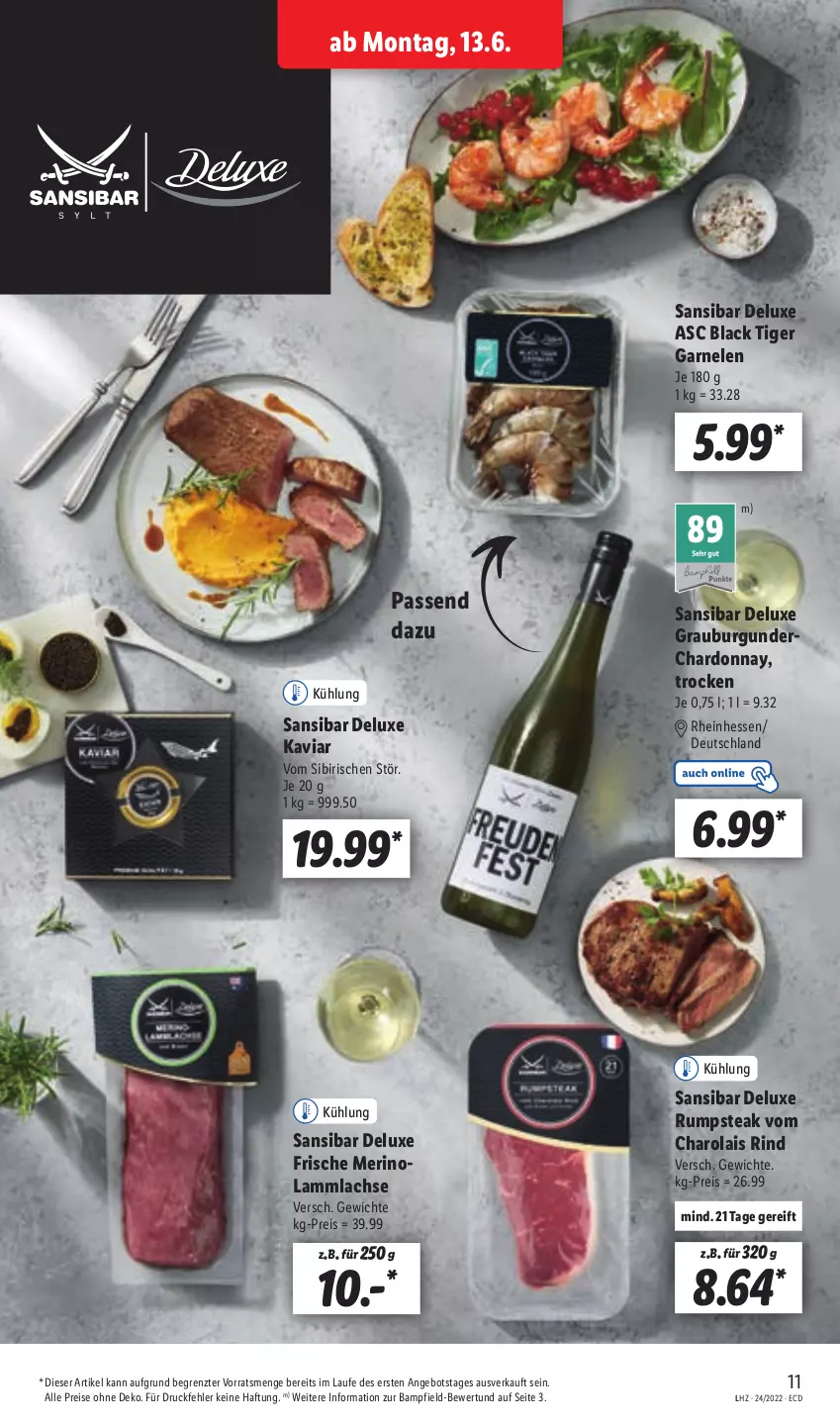 Aktueller Prospekt Lidl - Aktionsprospekt - von 13.06 bis 18.06.2022 - strona 11 - produkty: angebot, burgunder, chardonnay, eis, garnelen, grauburgunder, lachs, lack, lamm, lammlachse, reis, rind, rum, rumpsteak, steak, Ti, ZTE