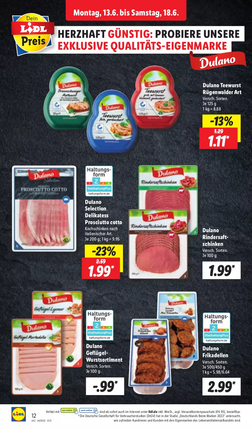 Aktueller Prospekt Lidl - Aktionsprospekt - von 13.06 bis 18.06.2022 - strona 12 - produkty: bier, Biere, dell, dulano, elle, frikadellen, kochschinken, lebensmittel, ndk, prosciutto, prosciutto cotto, Rauch, rind, rinder, rügenwalder, saft, saftschinken, Schal, Schale, schinken, tee, teewurst, Ti, wurst