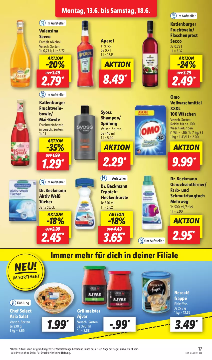 Aktueller Prospekt Lidl - Aktionsprospekt - von 13.06 bis 18.06.2022 - strona 17 - produkty: Ajvar, alkohol, angebot, aperol, bowle, burger, bürste, Dr. Beckmann, ecco, eis, eiskaffee, elle, flasche, frappé, frucht, grill, kaffee, katlenburger, Meister, Nescafé, reis, rwe, salat, shampoo, spülung, syoss, teller, teppich, Ti, tuc, tücher, valensina, vollwaschmittel, waschmittel, wein, Yo, ZTE