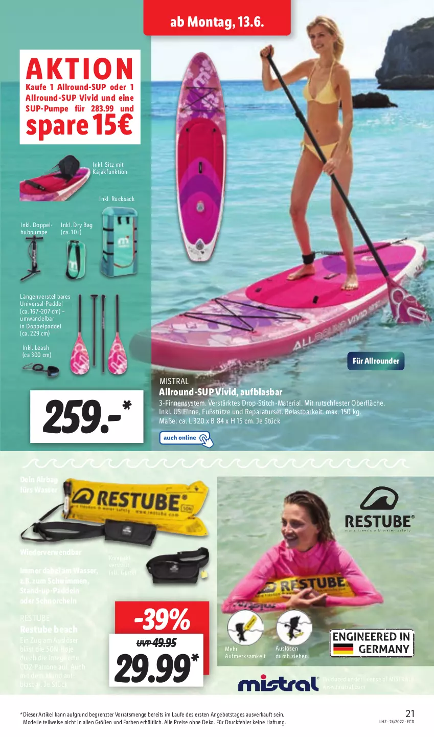 Aktueller Prospekt Lidl - Aktionsprospekt - von 13.06 bis 18.06.2022 - strona 21 - produkty: angebot, dell, eis, elle, Kajak, Mode, reis, Ria, rucksack, rwe, sac, stube, Ti, wasser, ZTE