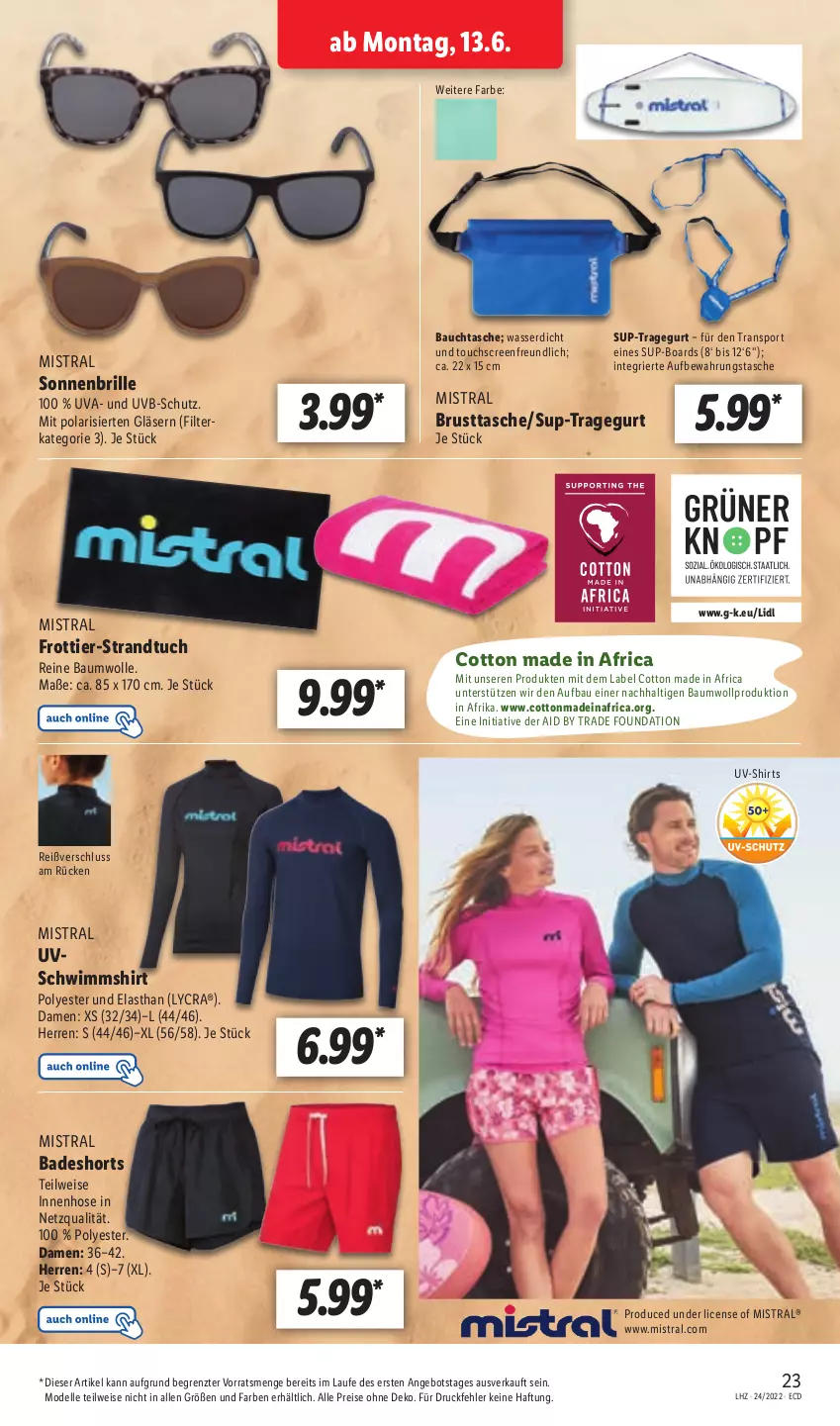 Aktueller Prospekt Lidl - Aktionsprospekt - von 13.06 bis 18.06.2022 - strona 23 - produkty: angebot, aufbewahrungstasche, Bad, badeshorts, Bau, baumwolle, Brille, dell, eis, elle, Gläser, hose, Mode, reine baumwolle, reis, shirt, shirts, shorts, sonnenbrille, Sport, strandtuch, Tasche, Ti, touchscreen, tuc, wasser, wolle, ZTE