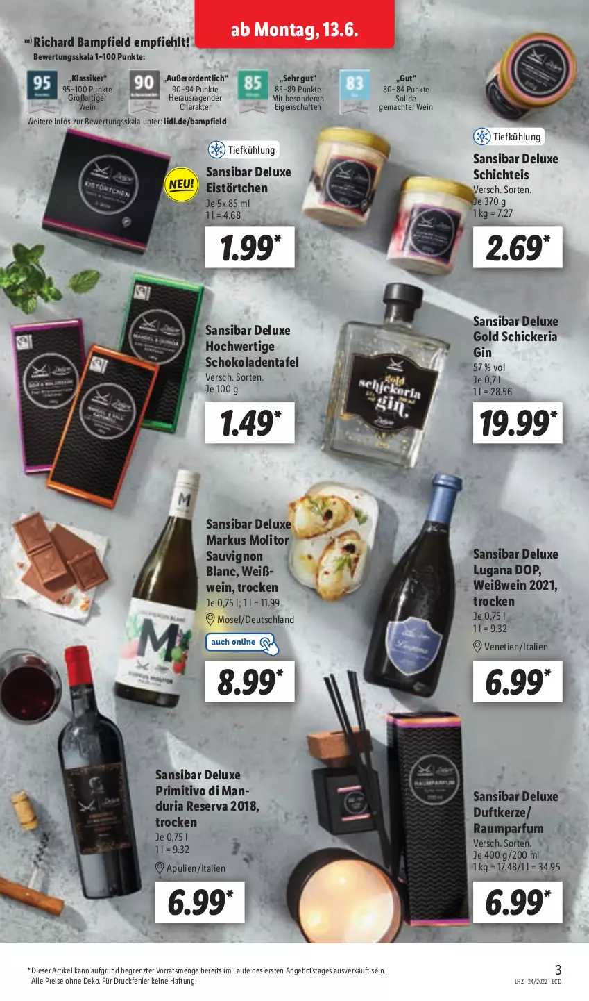 Aktueller Prospekt Lidl - Aktionsprospekt - von 13.06 bis 18.06.2022 - strona 3 - produkty: angebot, Duftkerze, eis, gin, kerze, mac, parfum, primitivo, reis, Ria, sauvignon, sauvignon blanc, schoko, schokolade, schokoladen, Ti, Törtchen, wein, Weißwein, ZTE