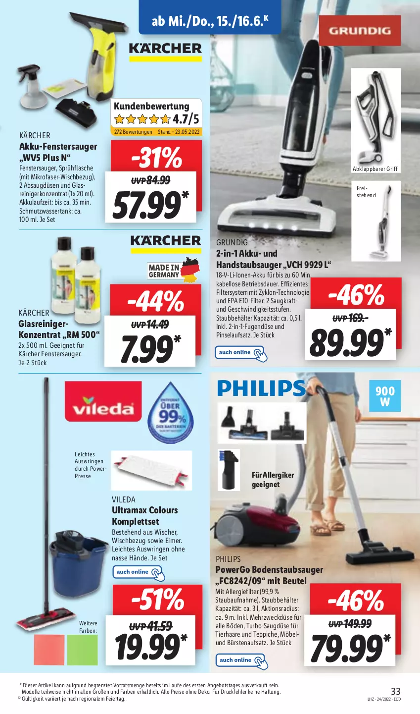 Aktueller Prospekt Lidl - Aktionsprospekt - von 13.06 bis 18.06.2022 - strona 33 - produkty: akku, angebot, auer, Bau, Behälter, beutel, bodenstaubsauger, bürste, bürsten, dell, eier, eimer, eis, elle, ente, fenster, fenstersauger, flasche, Glasreiniger, grundig, handstaubsauger, Kärcher, kraft, mikrofaser, möbel, Mode, Philips, Pinsel, rama, reiniger, reis, ring, sprühflasche, staubsauger, teppich, teppiche, Ti, vileda, wasser, wassertank, weck, ZTE