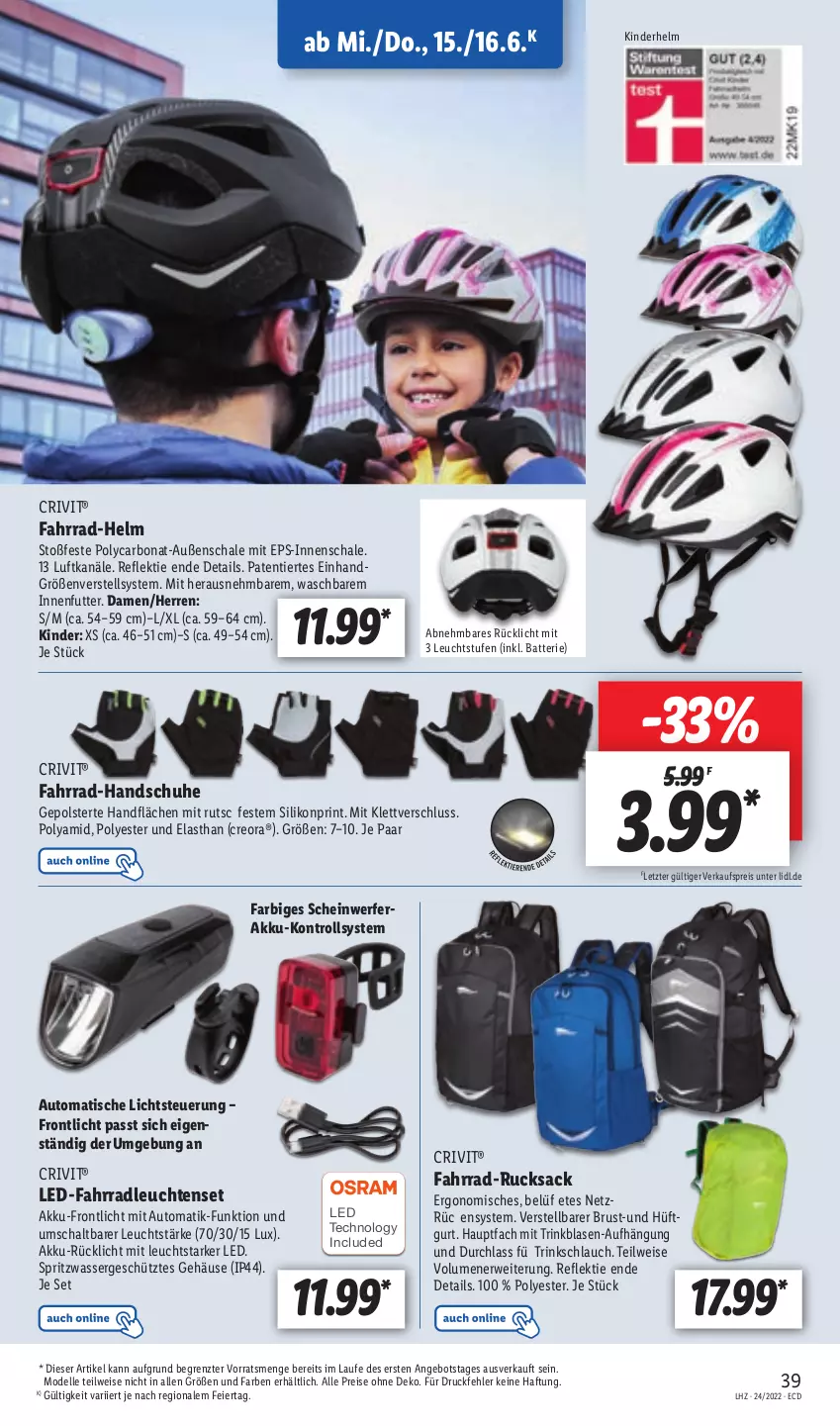 Aktueller Prospekt Lidl - Aktionsprospekt - von 13.06 bis 18.06.2022 - strona 39 - produkty: akku, angebot, auto, batterie, Bona, crivit, dell, eier, eis, elle, Fahrrad, handschuhe, Kinder, Leuchte, leuchten, Mode, reis, rucksack, rwe, sac, Schal, Schale, schlauch, schuhe, Ti, tisch, wasser, ZTE