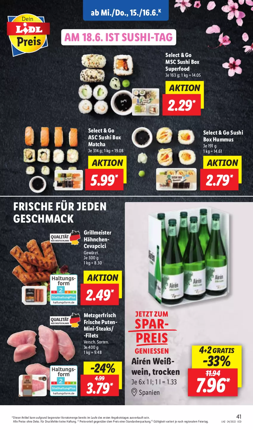 Aktueller Prospekt Lidl - Aktionsprospekt - von 13.06 bis 18.06.2022 - strona 41 - produkty: angebot, cevapcici, eier, eis, filet, filets, gewürz, grill, hummus, mac, Meister, preisvorteil, pute, reis, steak, steaks, Sushi, Ti, wein, Weißwein, ZTE