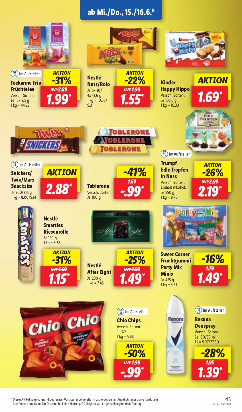 Aktueller Prospekt Lidl - Aktionsprospekt - von 13.06 bis 18.06.2022 - strona 43 - produkty: after eight, alkohol, angebot, chio chips, chips, deo, deospray, eier, eis, elle, frucht, früchte, Früchtetee, fruchtgummi, hipp, Kinder, mars, nestlé, nuss, reis, rexona, rum, smarties, snack, snacks, snickers, tee, teekanne, teller, Ti, toblerone, twix, ZTE