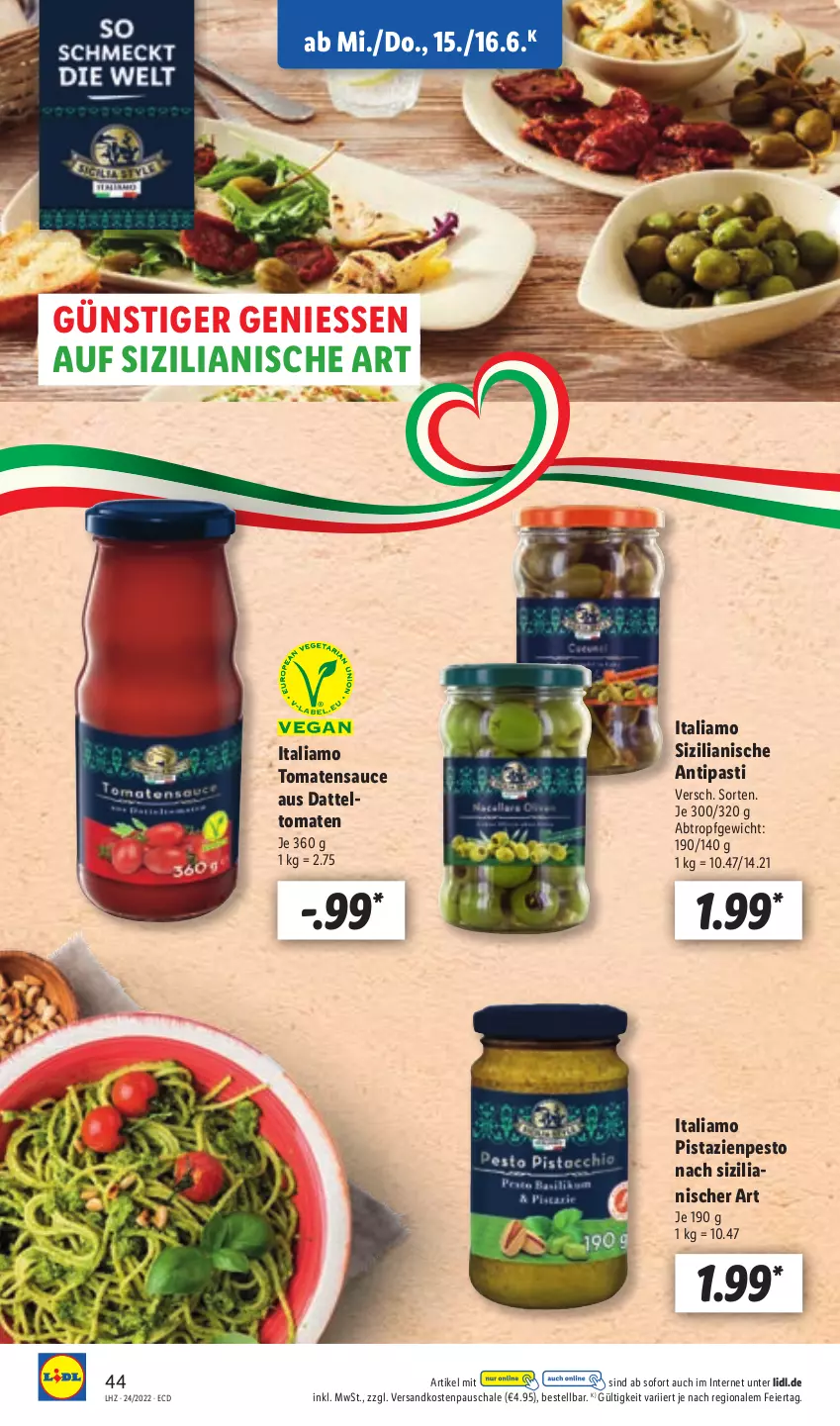 Aktueller Prospekt Lidl - Aktionsprospekt - von 13.06 bis 18.06.2022 - strona 44 - produkty: antipasti, asti, datteltomaten, eier, italiamo, ndk, pesto, pistazien, sauce, Schal, Schale, Ti, tomate, tomaten, tomatensauce