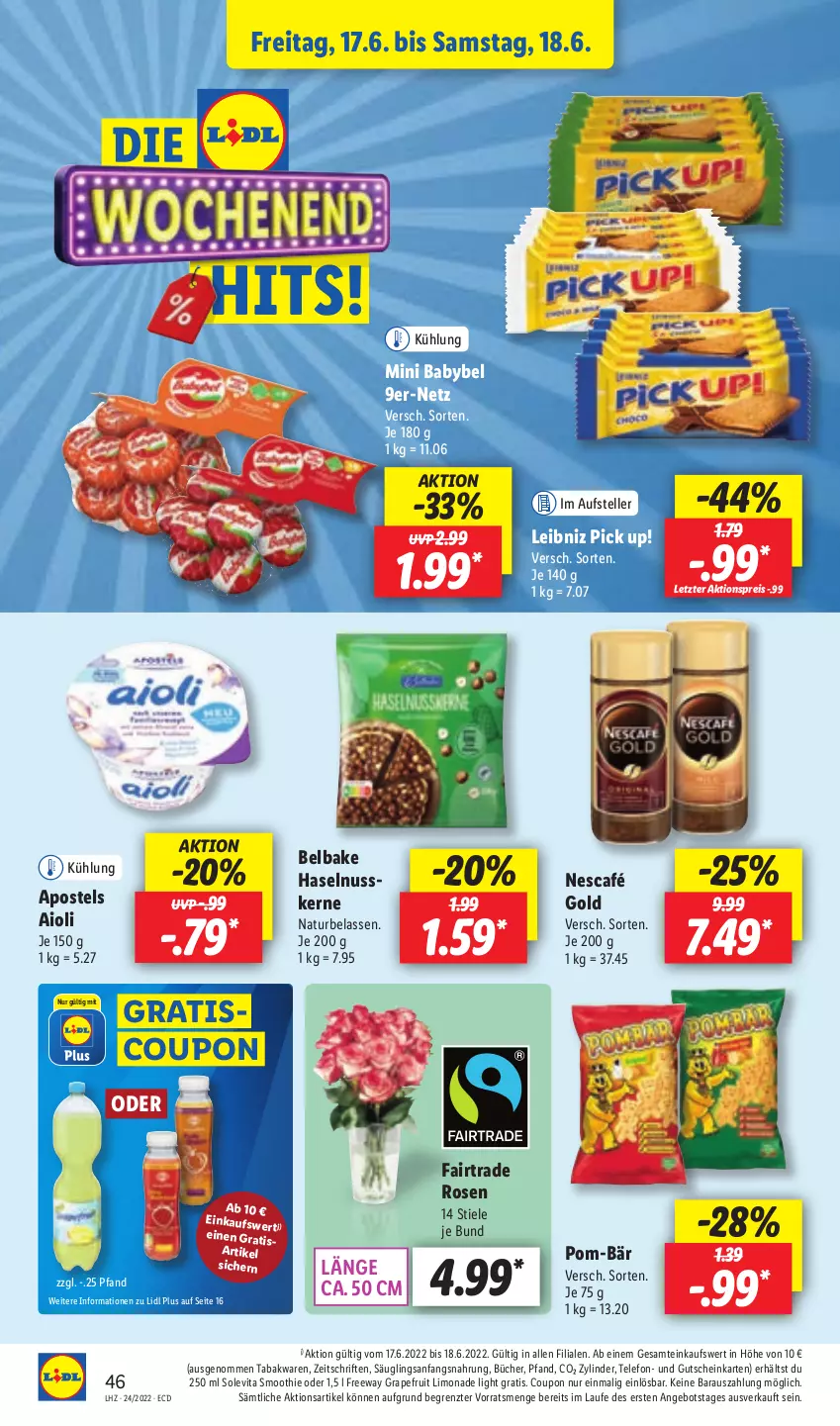 Aktueller Prospekt Lidl - Aktionsprospekt - von 13.06 bis 18.06.2022 - strona 46 - produkty: aioli, aktionspreis, angebot, apostels, babybel, coupon, eis, elle, grapefruit, gutschein, haselnuss, leibniz, limo, limonade, mini babybel, natur, Nescafé, nescafé gold, nuss, Pick Up!, pom-bär, reis, rosen, smoothie, telefon, teller, Ti, vita, ZTE