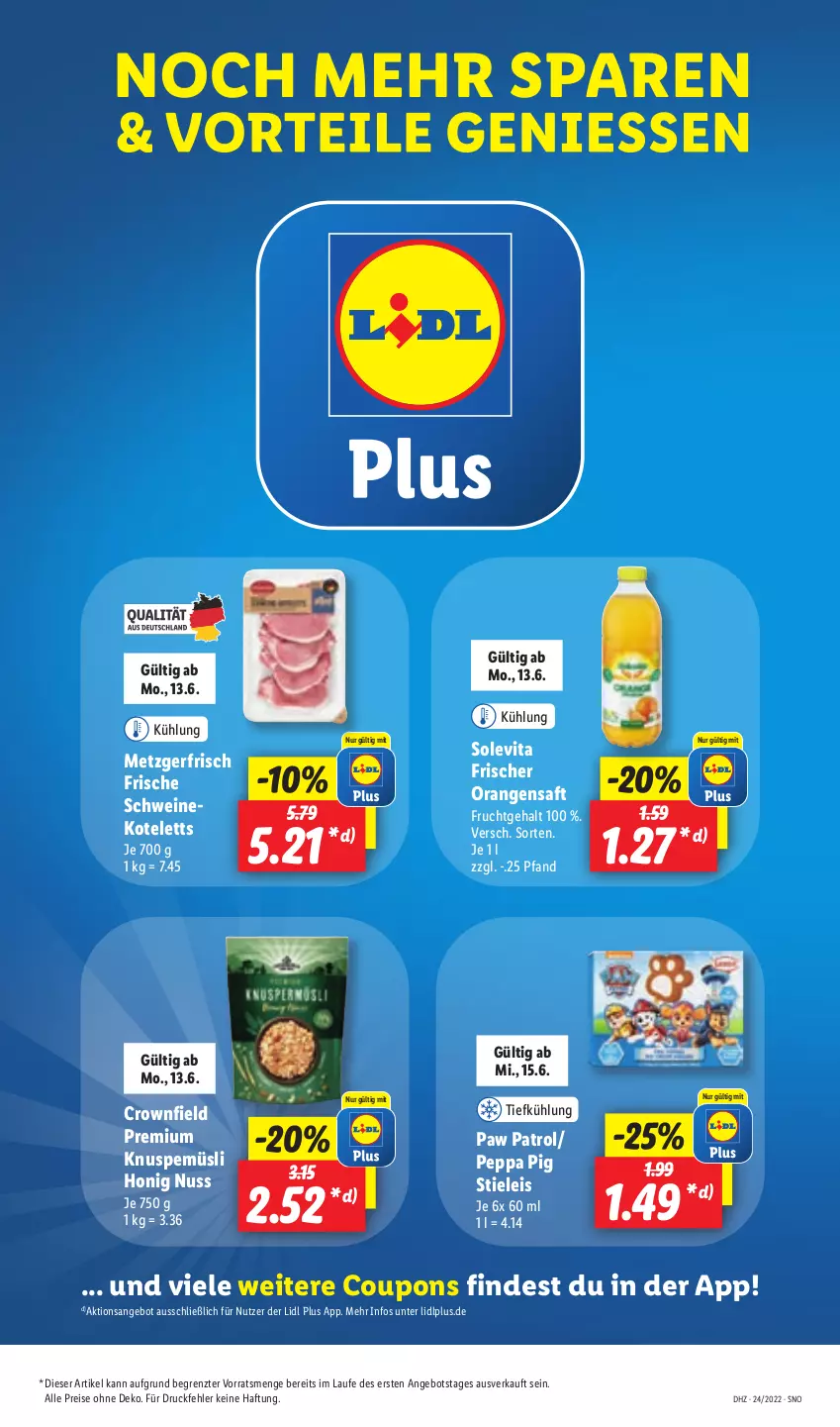 Aktueller Prospekt Lidl - Aktionsprospekt - von 13.06 bis 18.06.2022 - strona 59 - produkty: angebot, coupon, coupons, eis, frucht, honig, kotelett, müsli, nuss, orange, orangen, orangensaft, Paw Patrol, Peppa Pig, reis, saft, schwein, schweine, schweinekotelett, stieleis, Ti, vita, wein, weine, ZTE