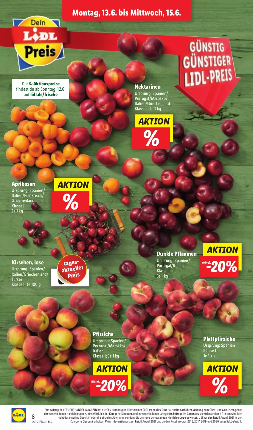 Aktueller Prospekt Lidl - Aktionsprospekt - von 13.06 bis 18.06.2022 - strona 8 - produkty: Abtei, aktionspreis, angebot, aprikose, aprikosen, discount, eis, elle, frucht, kirsch, kirsche, kirschen, magazin, Nektar, nektarinen, obst, pfirsich, pfirsiche, pflaume, pflaumen, plattpfirsiche, reis, Ti, und gemüse