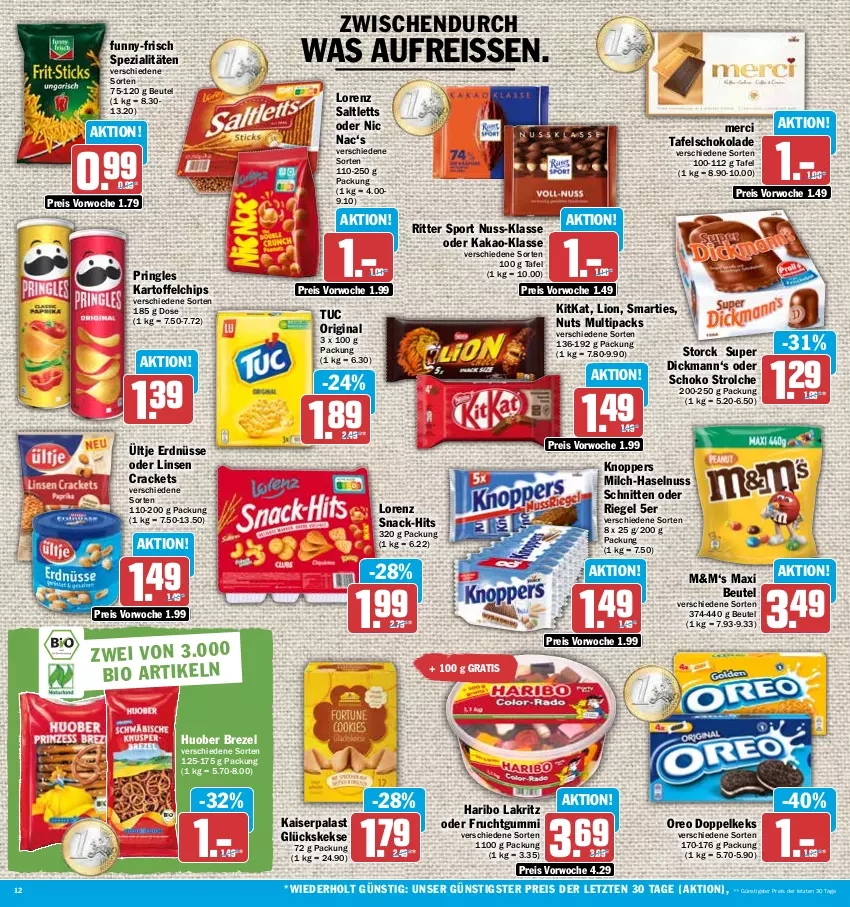 Aktueller Prospekt Hit - Prospekte - von 27.12 bis 31.12.2022 - strona 12 - produkty: beutel, brezel, chips, eis, erdnüsse, frucht, fruchtgummi, funny-frisch, gin, haribo, haselnuss, huober, Kaiser, kakao, kartoffel, kartoffelchips, keks, kekse, kitkat, knoppers, Lakritz, linsen, lion, lorenz, merci, milch, nuss, oreo, pringles, reis, reiss, riegel, ring, ritter, ritter sport, saltletts, schnitten, schoko, schokolade, smarties, snack, Spezi, Sport, storck, tafelschokolade, Ti, tuc, ültje, ültje erdnüsse, ZTE