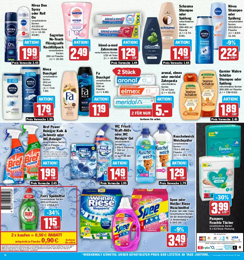 Aktueller Prospekt Hit - Prospekte - von 27.12 bis 31.12.2022 - strona 16 - produkty: bio, blend-a-med, Bref, bref power, Cap, coupon, coupons, creme, deo, deo spray, duschgel, eis, elmex, fa duschgel, fairy, feuchte tücher, flasche, flüssigseife, garnier, gin, kraft, Kuschelweich, meridol, nivea, pampers, pasta, Rauch, reiniger, reiniger gel, reis, rwe, sagrotan, schauma, schauma shampoo, Seife, shampoo, shampoo oder spülung, spee, spülmittel, spülung, Ti, Tiere, tücher, Wahre Schätze, waschmittel, wc frisch, weichspüler, zahncreme, zahnpasta, ZTE