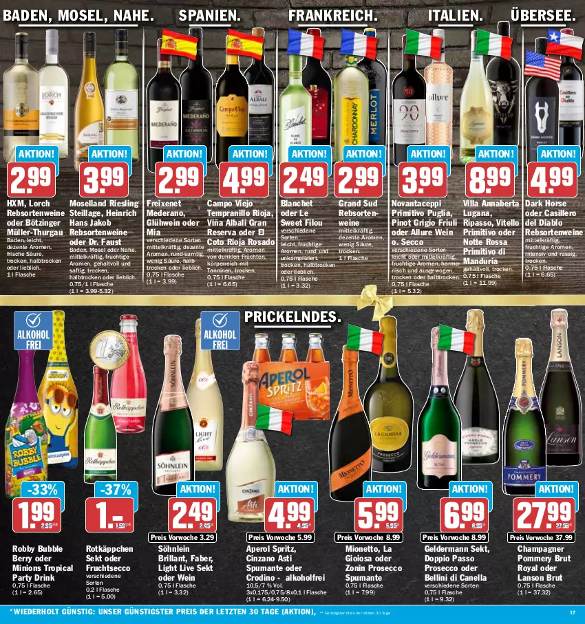 Aktueller Prospekt Hit - Prospekte - von 27.12 bis 31.12.2022 - strona 17 - produkty: alkohol, aperol, asti, aust, Bad, brut, campo viejo, champagne, champagner, cin, cinzano, Cinzano Asti, doppio passo, drink, ecco, eis, ente, flasche, freixenet, frucht, früchte, früchten, fruchtsecco, geldermann, Glühwein, grand sud, jako, La Gioiosa, mionetto, moselland, Müller, Müller-Thurgau, passo, Pinot, pinot grigio, primitivo, prosecco, puma, rebsortenweine, reis, Ria, riesling, rioja, robby, rotkäppchen, saft, sekt, söhnlein, söhnlein brillant, spumante, tempranillo, Ti, wein, weine, zonin, ZTE