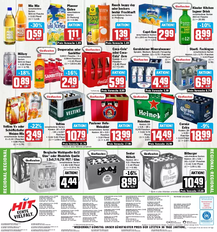 Aktueller Prospekt Hit - Prospekte - von 27.12 bis 31.12.2022 - strona 20 - produkty: Alwa, angebot, angebote, auer, Bad, Beckers Bester, bier, bitburger, braun, burger, Cap, capri-sun, coca-cola, cola, corona, corona extra, desperados, drink, drucker, eimer, eis, eistee, elle, Engel, fisch, flasche, frucht, fruchtsaft, gerolsteine, gerolsteiner, glasflasche, Happy Day, Hefe, heineken, ingwer, kerze, Lübecker, mineralwasser, Mio Mio, Mixer, mixery, natur, Paula, paulaner, pfanne, Pfanner, Rauch, reis, rel, rheinfels quelle, saft, schöfferhofer, Sprudel, Staatl. Fachingen, steiner, tee, Ti, uhr, veltins, Waldquelle, wasser, weissbier, ZTE