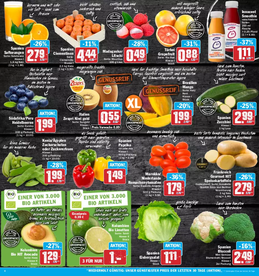 Aktueller Prospekt Hit - Prospekte - von 27.12 bis 31.12.2022 - strona 4 - produkty: aufstrich, avocado, beere, beeren, berliner, bio, bio hit, Bluccoli, blume, blumen, blumenkohl, braten, broccoli, brot, brotaufstrich, butter, cherrytomaten, clementinen, curry, eis, eisbergsalat, elle, erbsen, flasche, frucht, früchte, grapefruit, grill, heidelbeere, heidelbeeren, Innocent, joghur, joghurt, kartoffel, kartoffeln, kiwi, Kiwi Gold, küche, kuchen, kühlschrank, limette, limetten, mac, mango, Mett, metten, Mode, nuss, obst, orange, orangen, paprika, Pfannkuchen, reis, rwe, saft, Saftorangen, salat, salate, Schal, Schale, Schrank, smoothie, smoothies, snack, speisekartoffeln, Ti, tisch, tomate, tomaten, vita, zespri, ZTE, zucchini, zucker