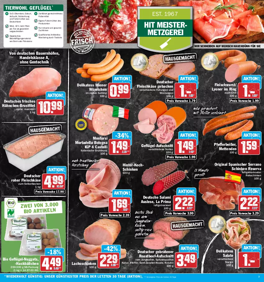 Aktueller Prospekt Hit - Prospekte - von 27.12 bis 31.12.2022 - strona 7 - produkty: auer, aufschnitt, Bau, Bauer, beef, bio, braten, Brühwurst, brustfilet, chili, dell, eis, elle, ente, filet, fleisch, fleischkäse, fleischwurst, geback, Geflügel, gin, hähnchen-brustfilet, im zarten saitling, jungbullen, Käse, kochschinken, kräuter, lachs, lachsschinken, lyoner, Meister, Mett, metten, Mettenden, monitor, montorsi, mortadella, natur, nuggets, nuss, pfeffer, Pfefferbeißer, reis, Ria, ring, roastbeef, rohschinken, saft, salami, salat, salate, schinken, senf, serrano, serrano schinken, spitzenqualität, Ti, Tiere, wiener, wiener würstchen, wurst, würstchen, Yo, ZTE, zwiebel