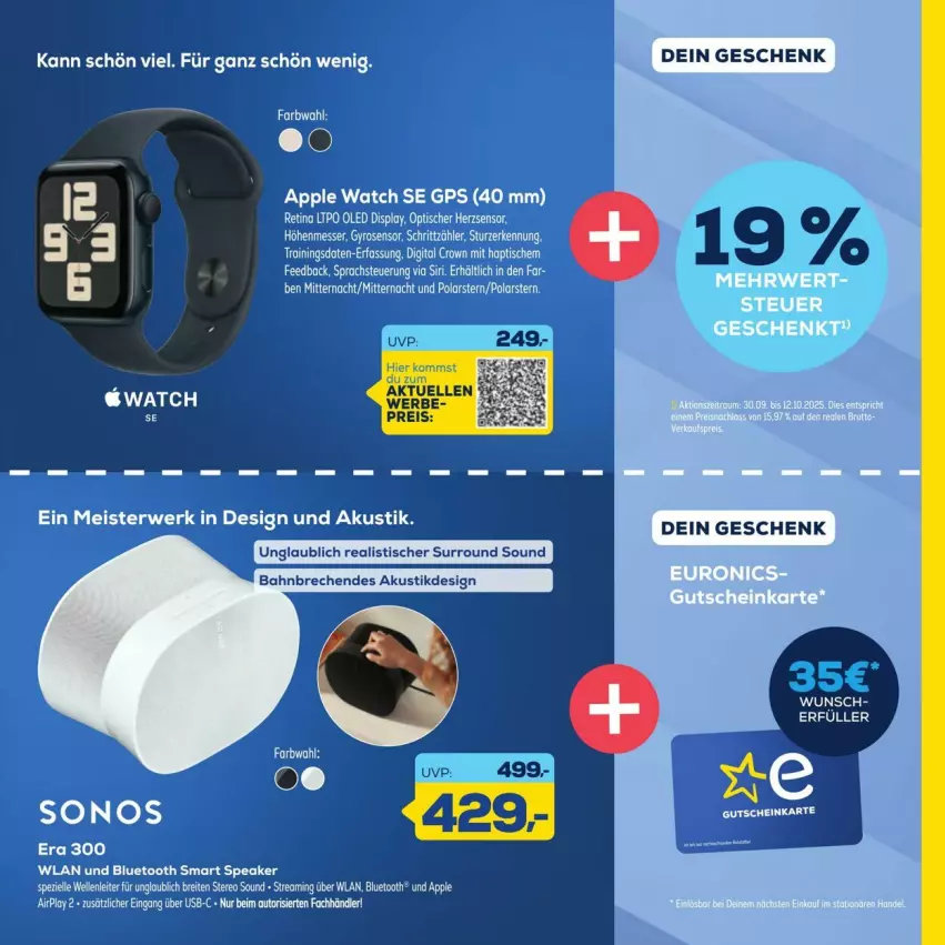 Aktueller Prospekt Euronics - Prospekte - von 26.09 bis 10.10.2025 - strona 19 - produkty: Apple, Apple Watch, Apple Watch SE, Brei, eis, elle, GPS, gyros, Meister, messer, rosen, rwe, Sonos, Spezi, tee, Ti, tisch