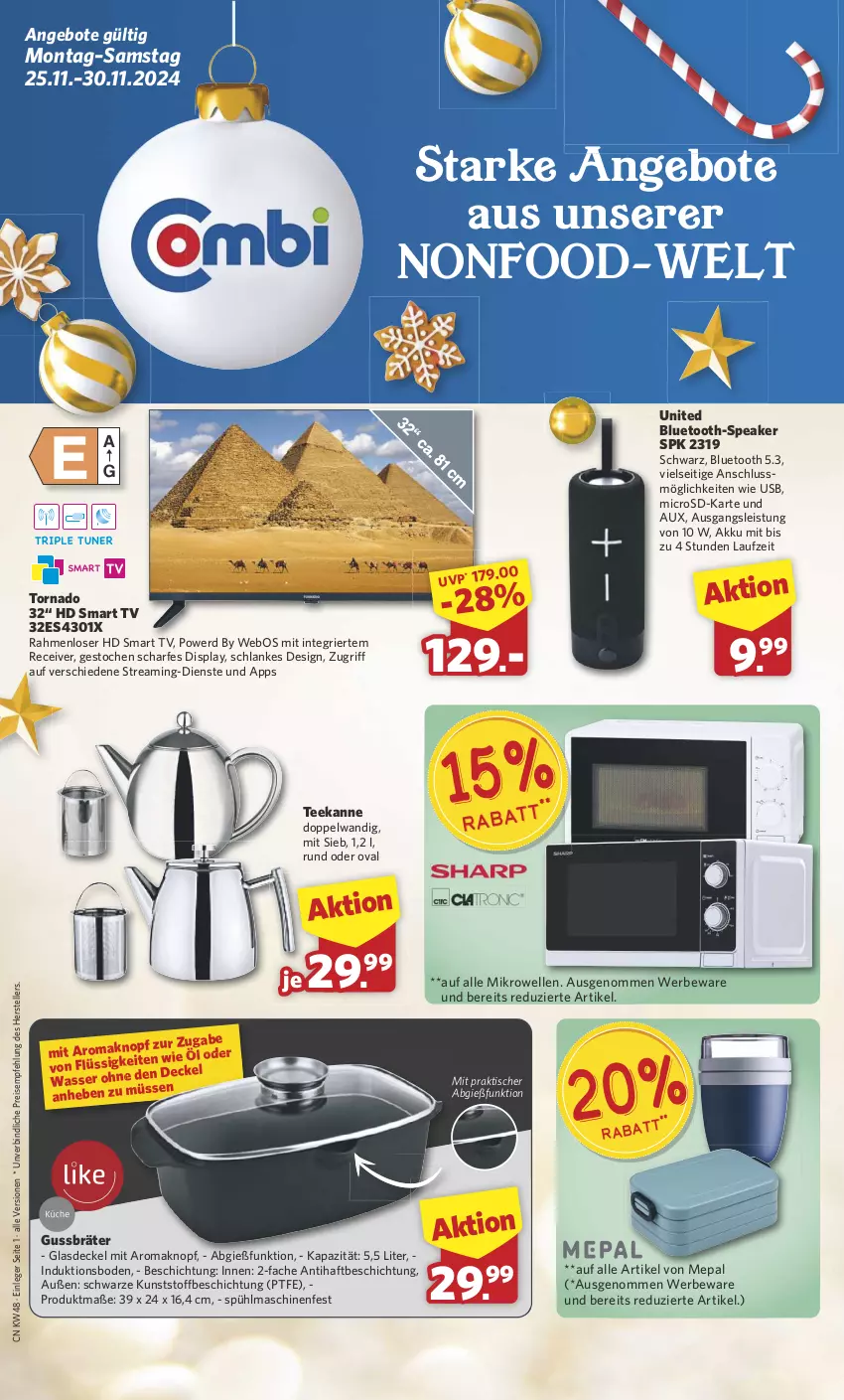 Aktueller Prospekt Combi - Prospekte - von 25.11 bis 30.11.2024 - strona 1 - produkty: akku, angebot, angebote, decke, Deckel, eis, elle, Glasdeckel, microsd, mikrowelle, Receiver, reis, smart tv, tee, teekanne, teller, Ti, tisch, usb, wasser