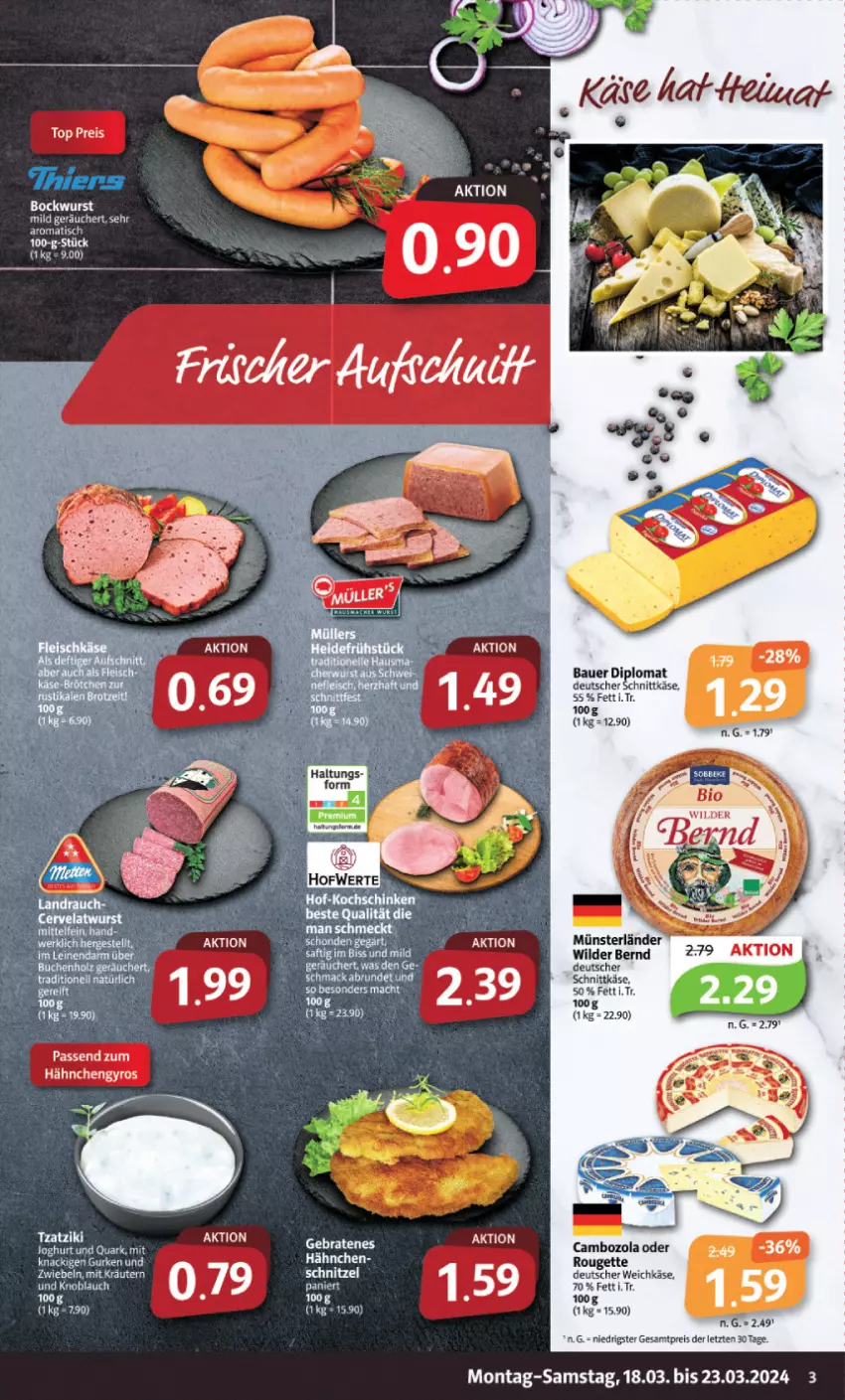 Aktueller Prospekt Markant - Prospekte - von 18.03 bis 23.03.2024 - strona 3 - produkty: auer, Bau, Bauer, bockwurst, braten, cambozola, deutscher schnittkäse, deutscher weichkäse, dip, eis, gyros, Hähnchengyros, Käse, knoblauch, kräuter, kräutern, reis, rouge, rougette, schnittkäse, schnitzel, Ti, tisch, weichkäse, Wild, Wilder Bernd, wurst, zwiebel, zwiebeln