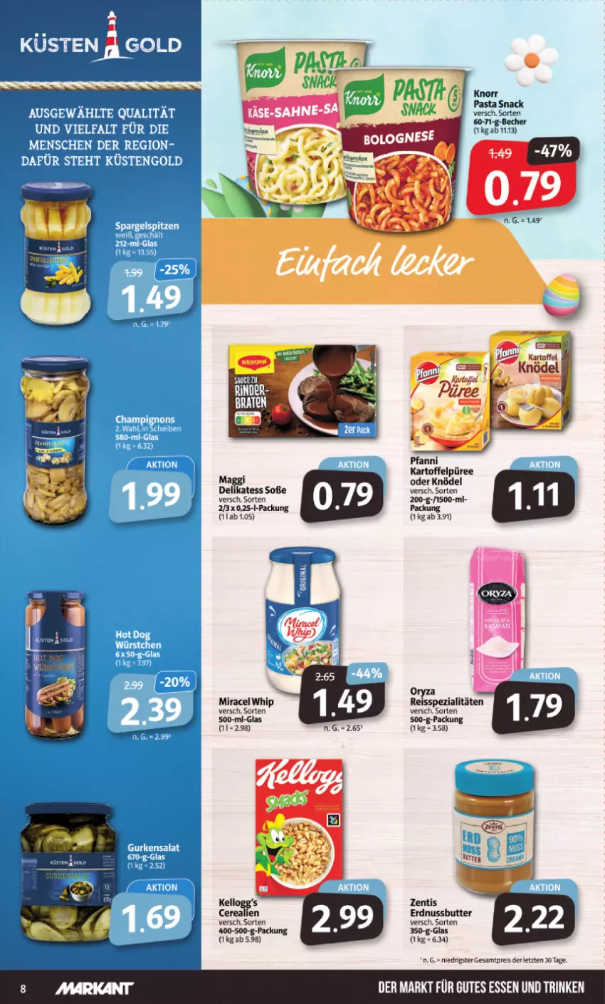 Aktueller Prospekt Markant - Prospekte - von 18.03 bis 23.03.2024 - strona 8 - produkty: Becher, butter, cerealien, eis, erdnuss, Erdnussbutter, kartoffel, Kartoffelpüree, Knödel, knorr, knorr pasta, maggi, miracel, miracel whip, nuss, oryza, pasta, pasta snack, püree, reis, reiss, siena, snack, Soße, Spezi, Ti, zentis, ZTE