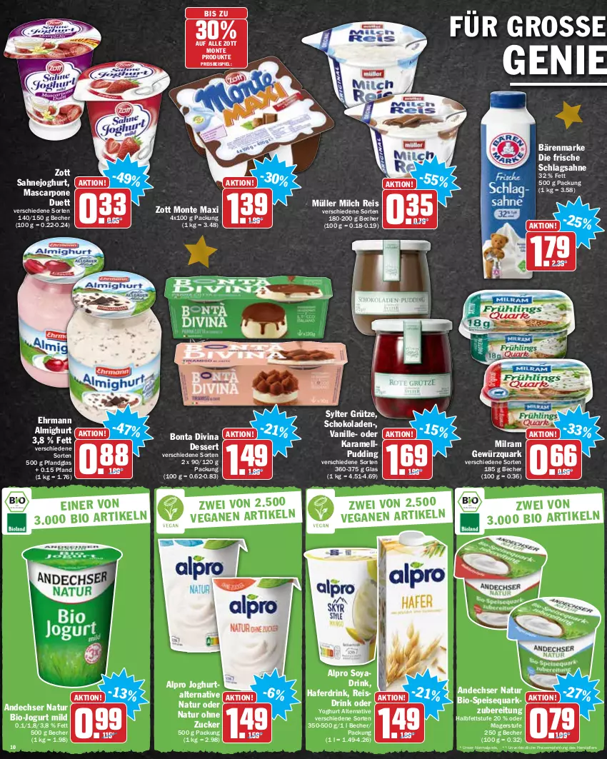 Aktueller Prospekt Hit - Prospekte - von 20.12 bis 24.12.2021 - strona 10 - produkty: almighur, almighurt, alpro, andechser natur, bärenmarke, Becher, bio, dessert, drink, ehrmann, ehrmann almighurt, eis, elle, gewürz, gewürzquark, grütze, hafer, Haferdrink, joghur, joghurt, jogurt, karamell, mascarpone, milch, milram, monte, Müller, natur, pudding, quark, reis, sahne, Sahnejoghurt, schlagsahne, schoko, schokolade, schokoladen, soya, speisequark, Sylter, teller, tender, Ti, vanille, Yo, yoghurt, zott, Zott Monte, zucker