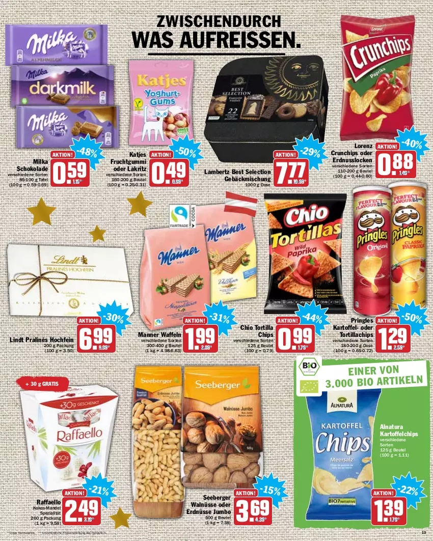 Aktueller Prospekt Hit - Prospekte - von 20.12 bis 24.12.2021 - strona 13 - produkty: Amber, Berger, beutel, chips, crunchips, eis, elle, erdnuss, erdnüsse, frucht, fruchtgummi, gebäckmischung, jumbo, kartoffel, kartoffelchips, katjes, kokos, Lakritz, lambertz, lindt, lorenz, mandel, Manner, milka, milka schokolade, natur, natura, nuss, oder lakritz, pringles, raffaello, reis, reiss, ring, schoko, schokolade, seeberger, Spezi, teller, Ti, tortilla, Tortilla Chips, waffeln