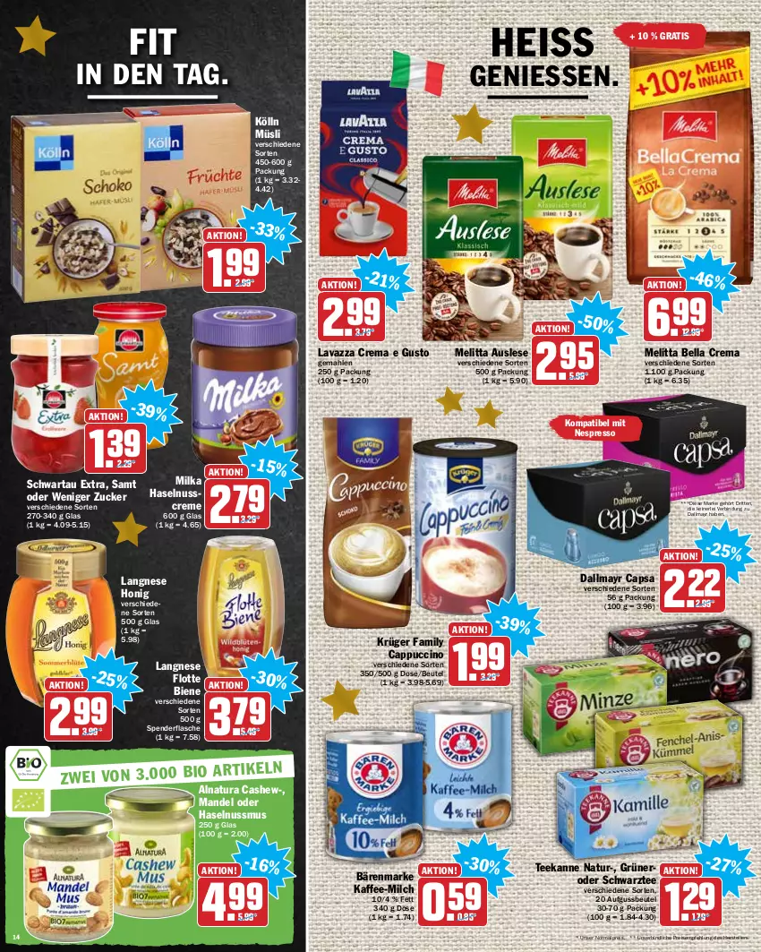 Aktueller Prospekt Hit - Prospekte - von 20.12 bis 24.12.2021 - strona 14 - produkty: bärenmarke, bella crema, beutel, Cap, cappuccino, Cashew, cin, creme, dallmayr, dallmayr capsa, eis, elle, espresso, flasche, haselnuss, honig, kaffee, kölln, krüger, langnese, lavazza, mandel, melitta, milch, milka, müsli, natur, natura, nespresso, nuss, reis, Schwartau, tee, teekanne, teller, Ti, ZTE, zucker