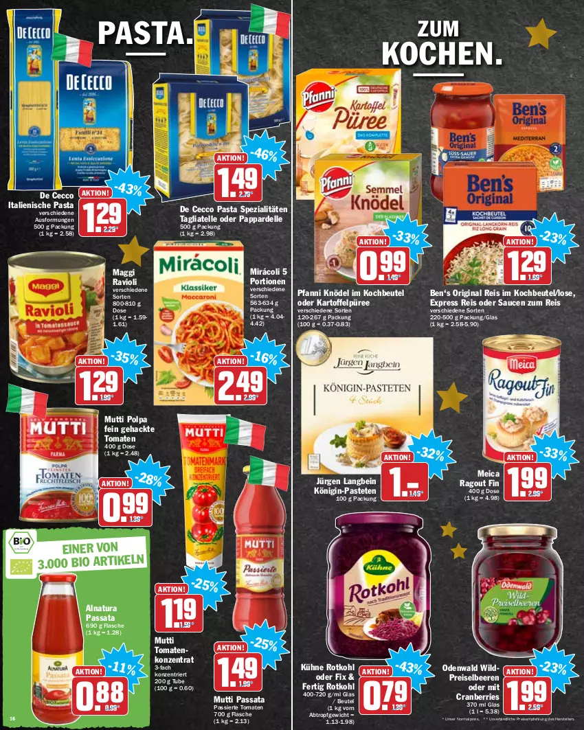 Aktueller Prospekt Hit - Prospekte - von 20.12 bis 24.12.2021 - strona 16 - produkty: beere, beeren, beutel, bio, cranberries, De Cecco, dell, ecco, eis, elle, flasche, gin, italienische pasta, kartoffel, Kartoffelpüree, Knödel, kochbeutel, Königin-Pasteten, Kühne, maggi, meica, Mirácoli, Mutti, natur, natura, odenwald, pasta, pastete, pfanni, püree, Ragout, ravioli, reis, rotkohl, sauce, saucen, Spezi, tagliatelle, teller, Ti, tomate, tomaten, Wild